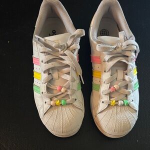 Adidas White Shoes with Multicolor Stripes and Beads